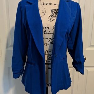 Bright Blue Work Blazer, Button & Ruched Sleeves